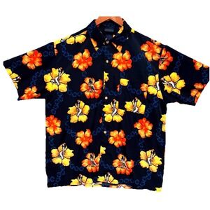 Extreme Gear Mens Large Pinup Girl Hibiscus Floral Hawaiian Shirt Black Orange